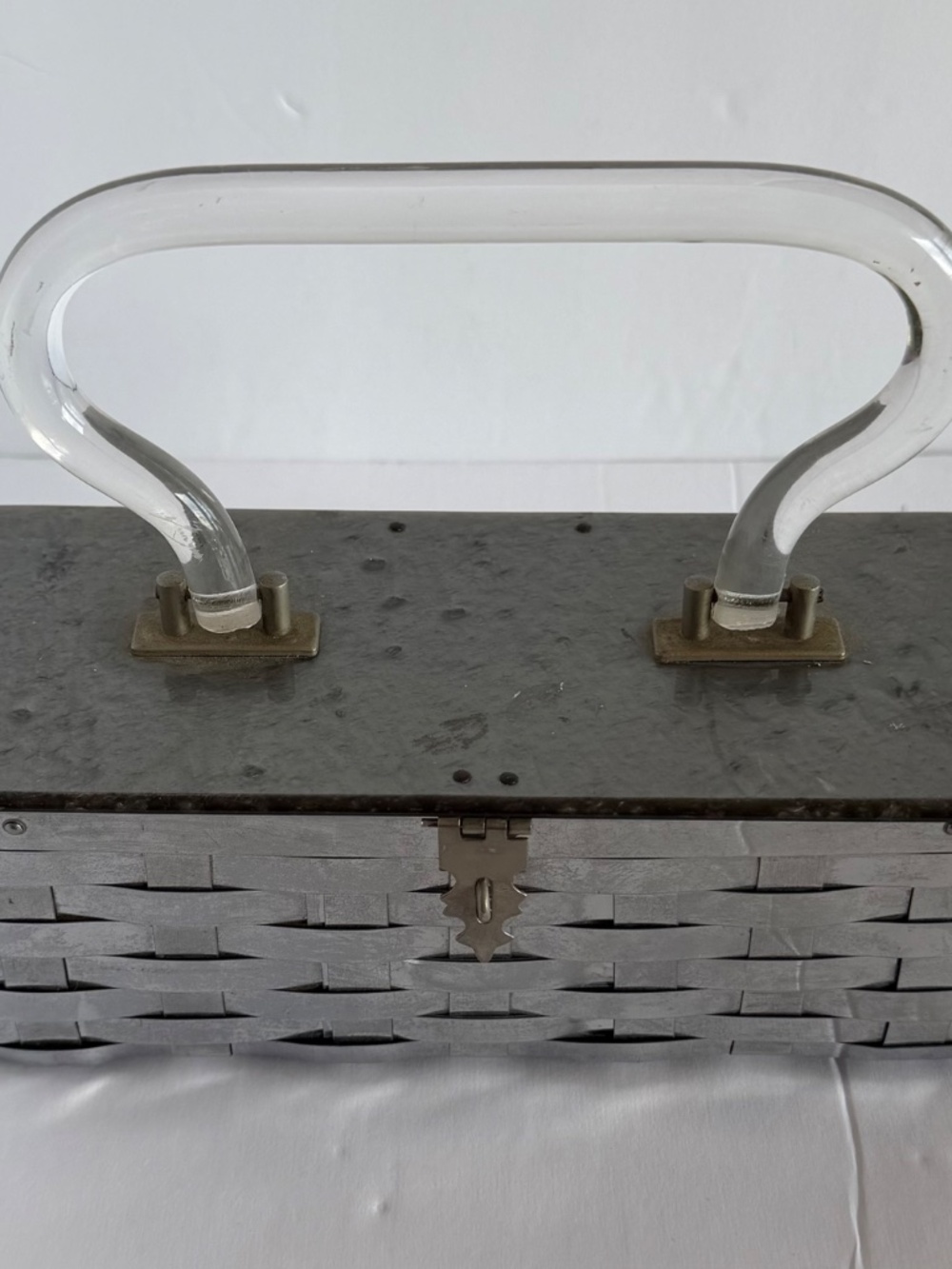 1950s Vintage Art Deco Metal Basketweave Handbag with Lucite Top and Handles